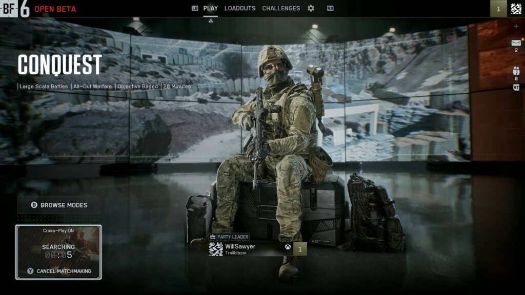 Battlefield 6 screenshot showing online matchmaking menu and server selection
