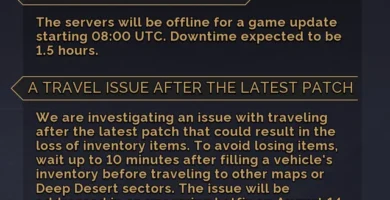 Dune: Awakening gameplay showing player traveling across the Deep Desert with inventory open