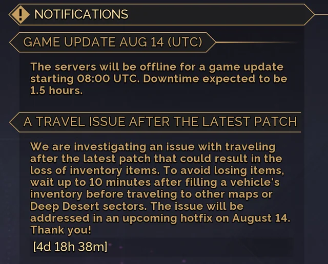 Dune: Awakening gameplay showing player traveling across the Deep Desert with inventory open