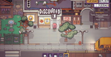 Screenshot of Discounty gameplay showing supermarket management in pixel art style