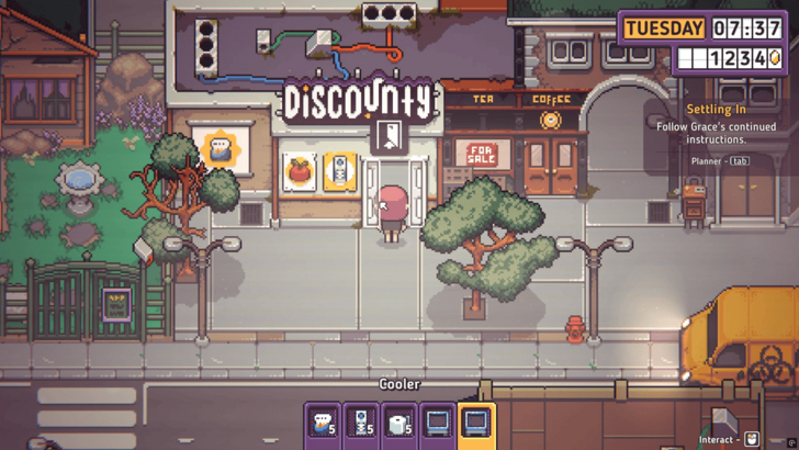 Screenshot of Discounty gameplay showing supermarket management in pixel art style