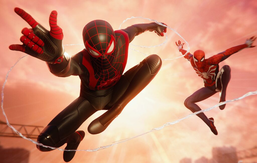 Screenshot of Spider-Man and Miles Morales swinging together in Marvel’s Spider-Man Remastered multiplayer mod.