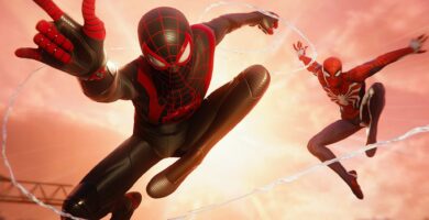 Screenshot of Spider-Man and Miles Morales swinging together in Marvel’s Spider-Man Remastered multiplayer mod.