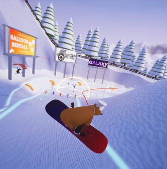 Slopecrashers gameplay screenshot showing colorful animal snowboarders racing on a snowy mountain with power-ups.
