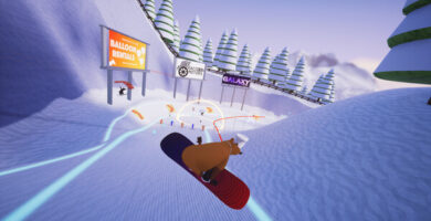 Slopecrashers gameplay screenshot showing colorful animal snowboarders racing on a snowy mountain with power-ups.