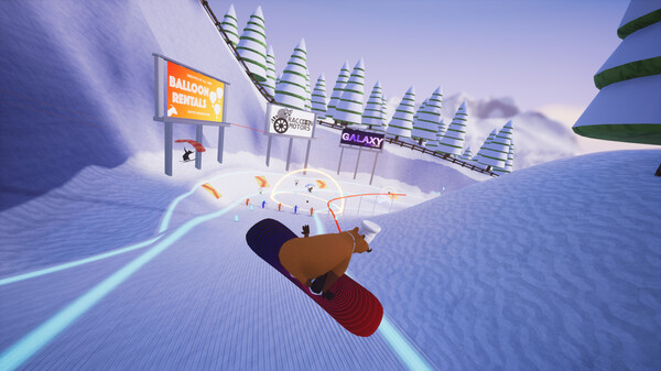 Slopecrashers gameplay screenshot showing colorful animal snowboarders racing on a snowy mountain with power-ups.