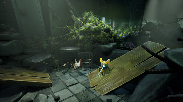 Wires and Whiskers gameplay featuring a cybernetic lab gerbil and magnetic exosuit in a co-op platformer