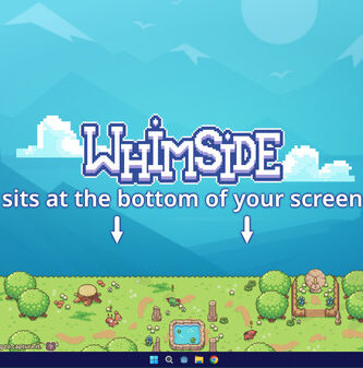 Pixel art screenshot of Whimside showing Whimlings, farming elements, and a cozy interface inspired by Pokémon and Rusty’s Retirement.