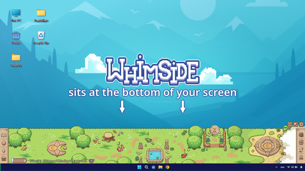 Pixel art screenshot of Whimside showing Whimlings, farming elements, and a cozy interface inspired by Pokémon and Rusty’s Retirement.