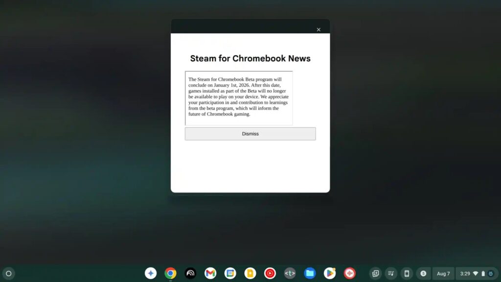 Steam for Chromebooks beta shutdown notice on launcher screen.