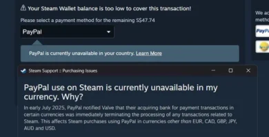 Steam logo with PayPal logo crossed out, symbolizing payment method removal in several regions