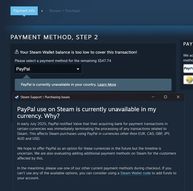 Steam logo with PayPal logo crossed out, symbolizing payment method removal in several regions