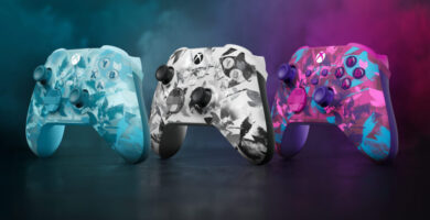 Xbox Breaker Series controllers: Ice Breaker in glacier blue, Storm Breaker in metallic black and silver, and Heart Breaker in vivid pink and purple