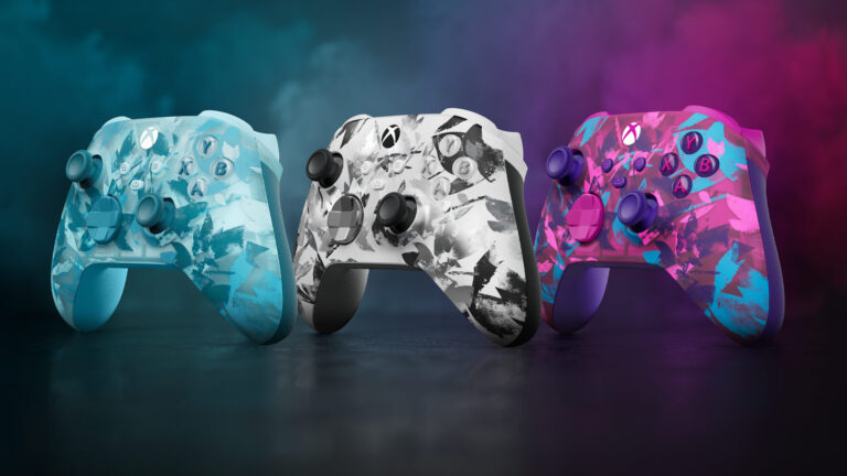 Xbox Breaker Series controllers: Ice Breaker in glacier blue, Storm Breaker in metallic black and silver, and Heart Breaker in vivid pink and purple