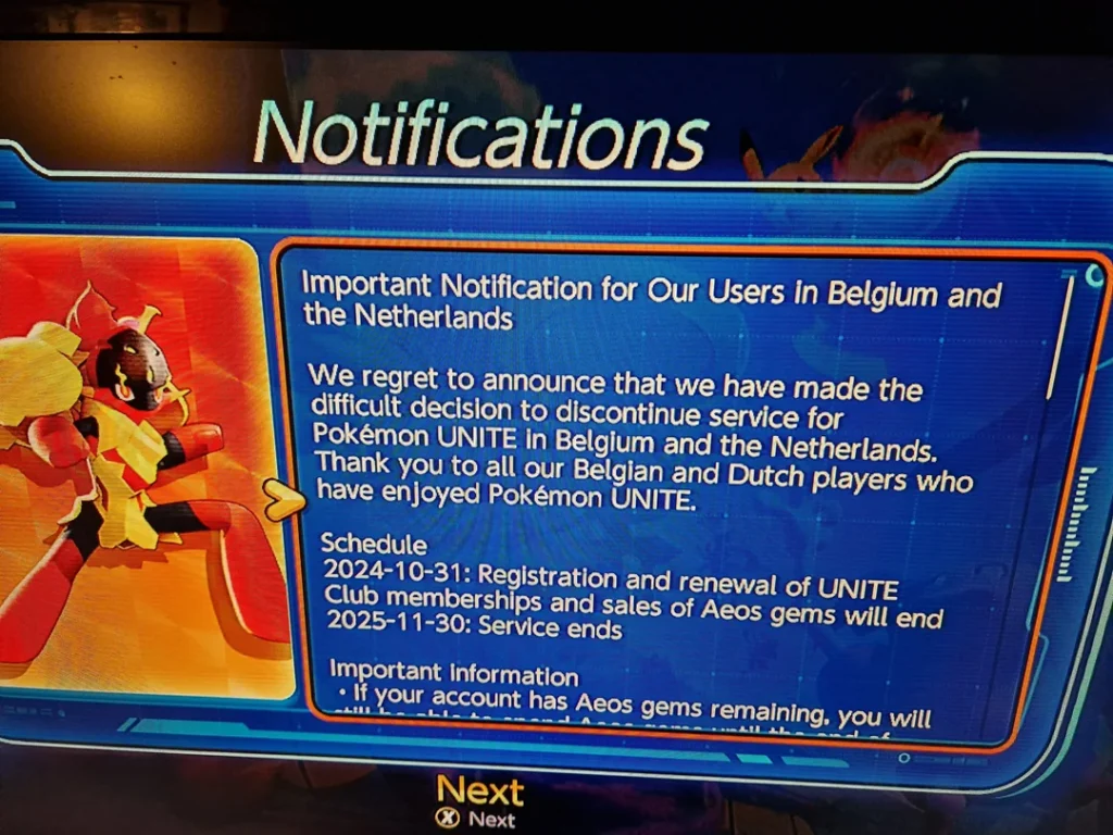 Pokémon Unite shutdown announcement in Belgium and the Netherlands with November 30 deadline