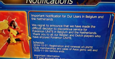 Pokémon Unite shutdown announcement in Belgium and the Netherlands with November 30 deadline
