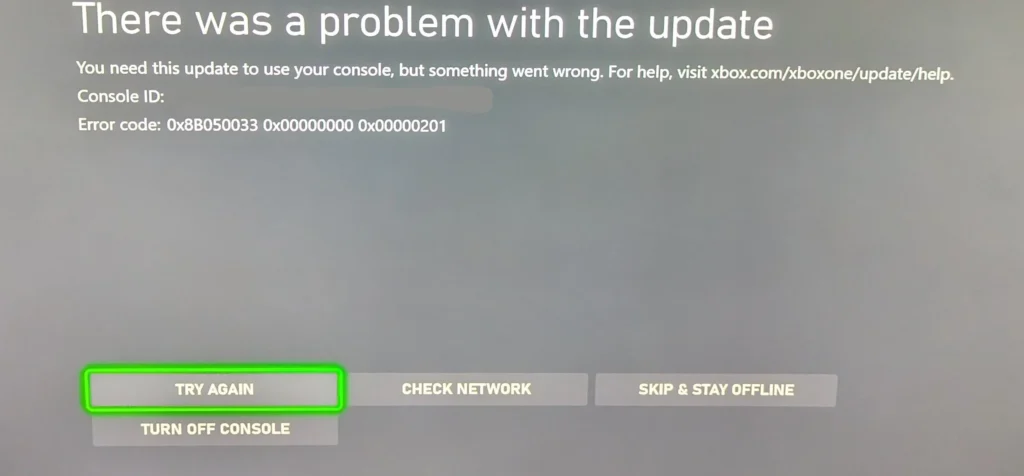 Xbox Series X console showing error 0x8B050033 update issue